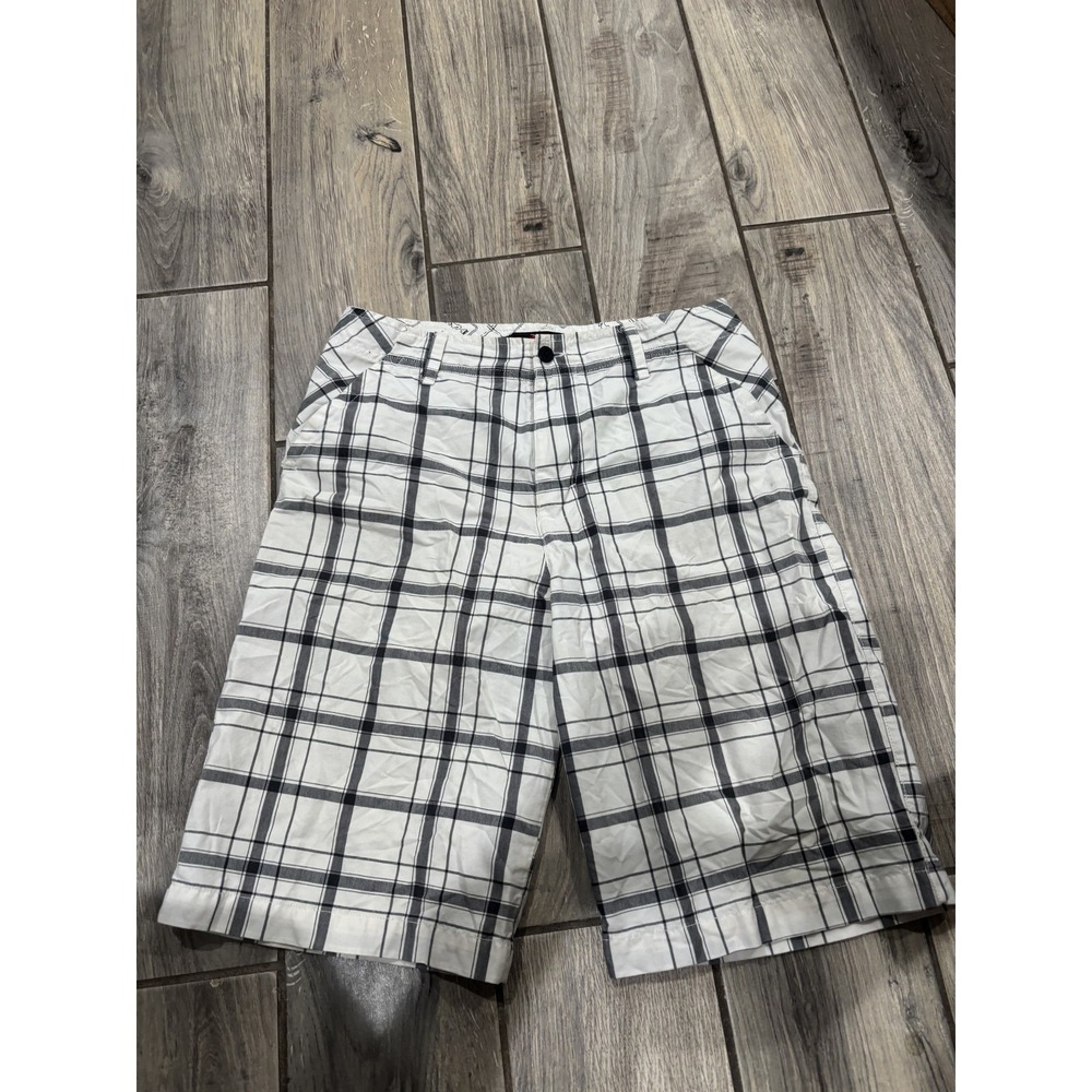 Tony Hawk Men's Plaid Flat Front Shorts Size 18 White Black Cotton Blend Skate